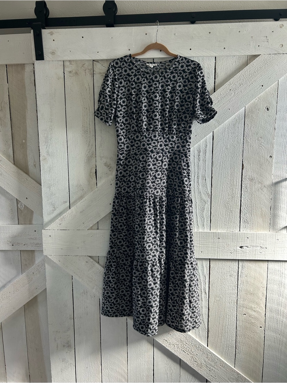 Black and White Floral Midi Dress - Women's Casual Day Dress